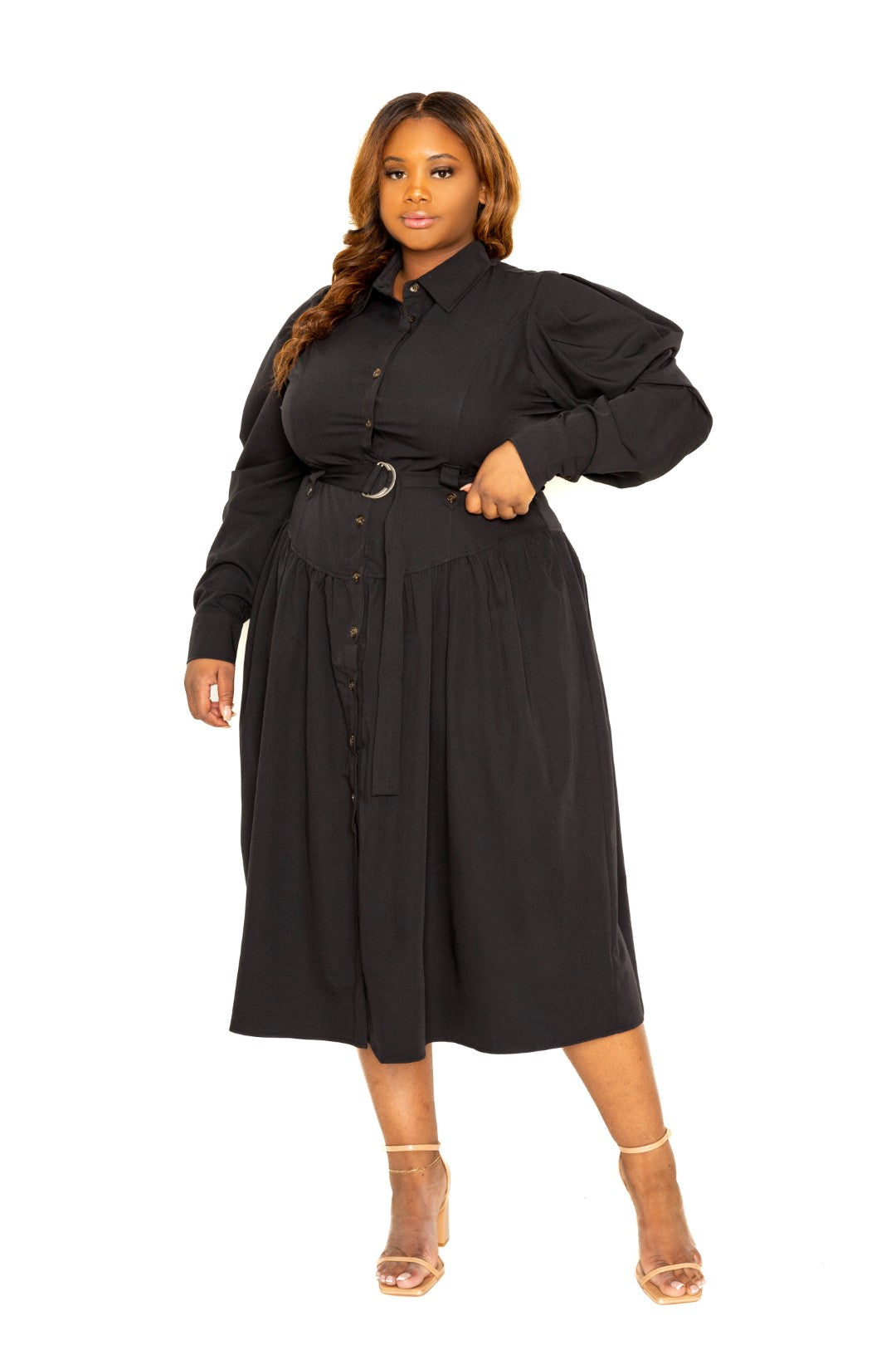 Puff Sleeve Trench Jacket Dress Voluptuous (+) Plus Size - 2 colors - Ships  from The US - BLACK / 1XL