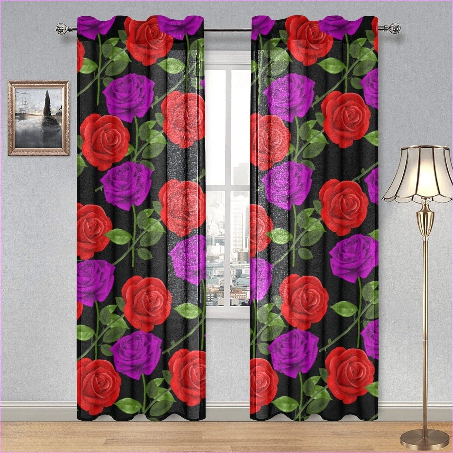 Red Rose Purp Gauze Curtain 28"x84" (Two Pieces) - Window Curtains at TFC&H Co.