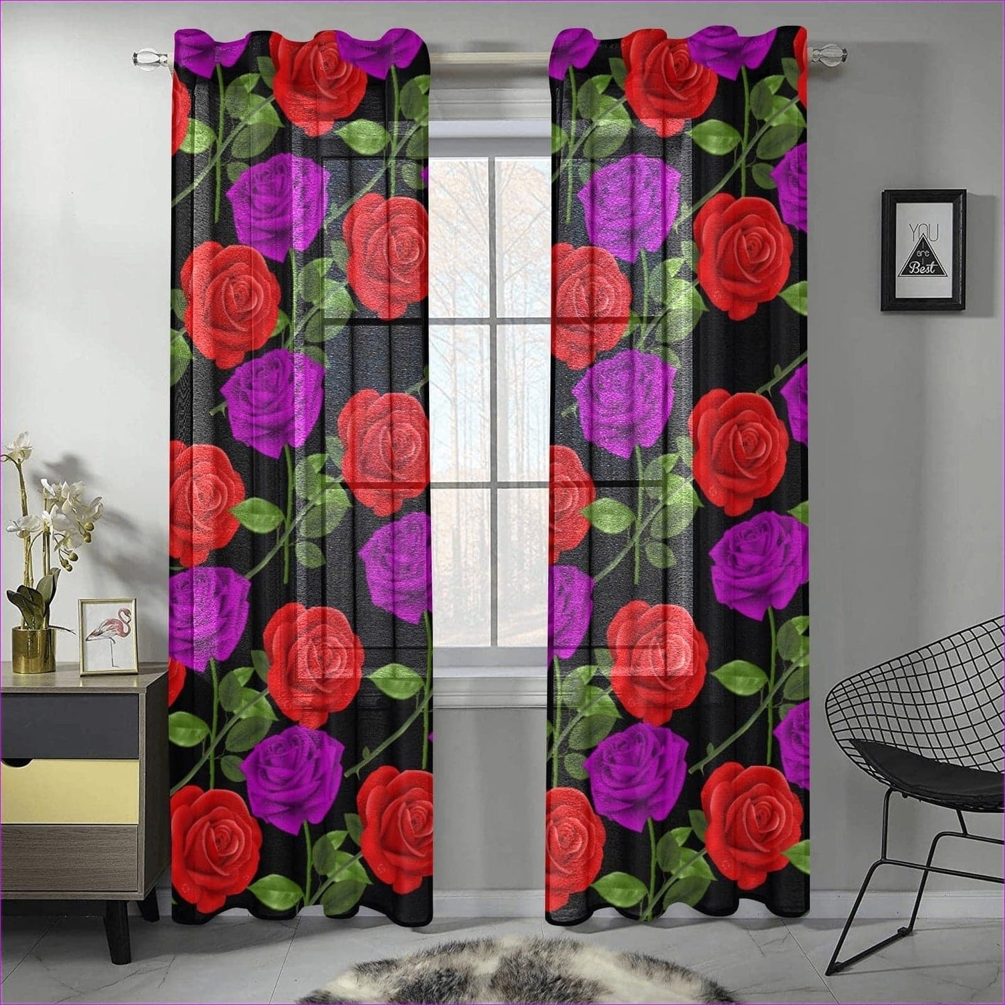 Red Rose Purp Gauze Curtain 28"x84" (Two Pieces) - Window Curtains at TFC&H Co.