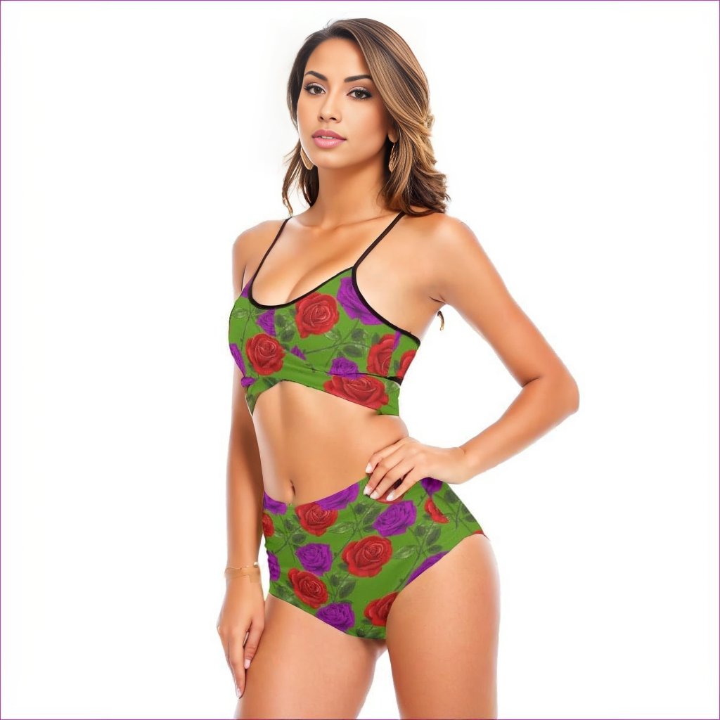 Red Rose Purp Green Women's Bikini Sets With Cross Straps - women's bikini at TFC&H Co.
