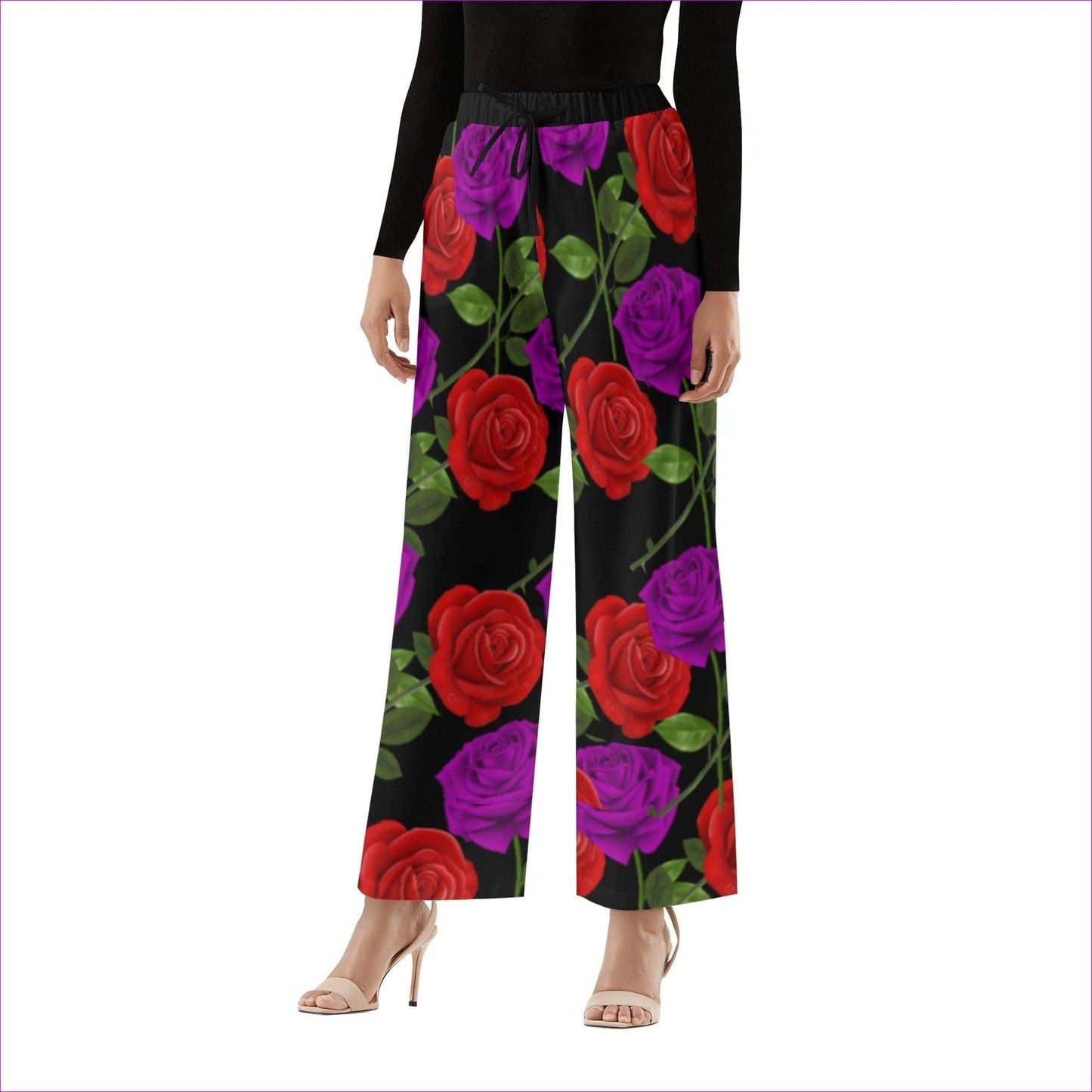 Black S Red Rose Purp Women's Casual Wide Leg Pants - women's pants at TFC&H Co.