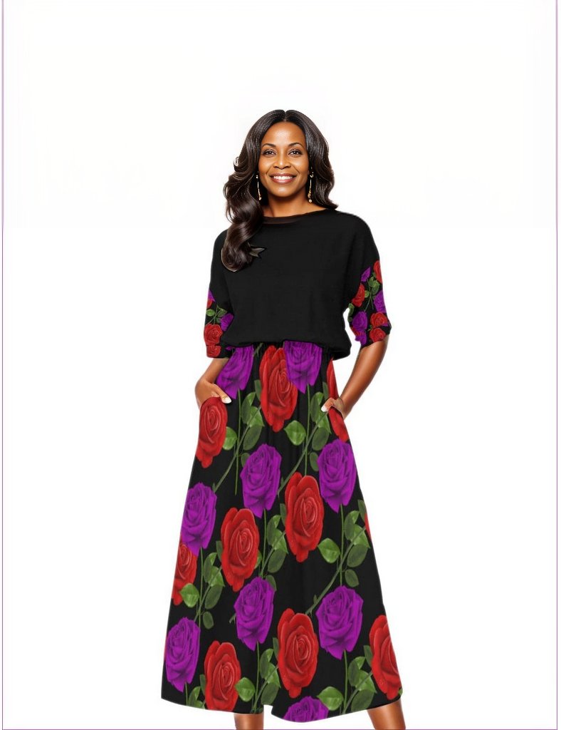 Black Red Rose Purp Women's Elastic Waist Dress - women's dress at TFC&H Co.