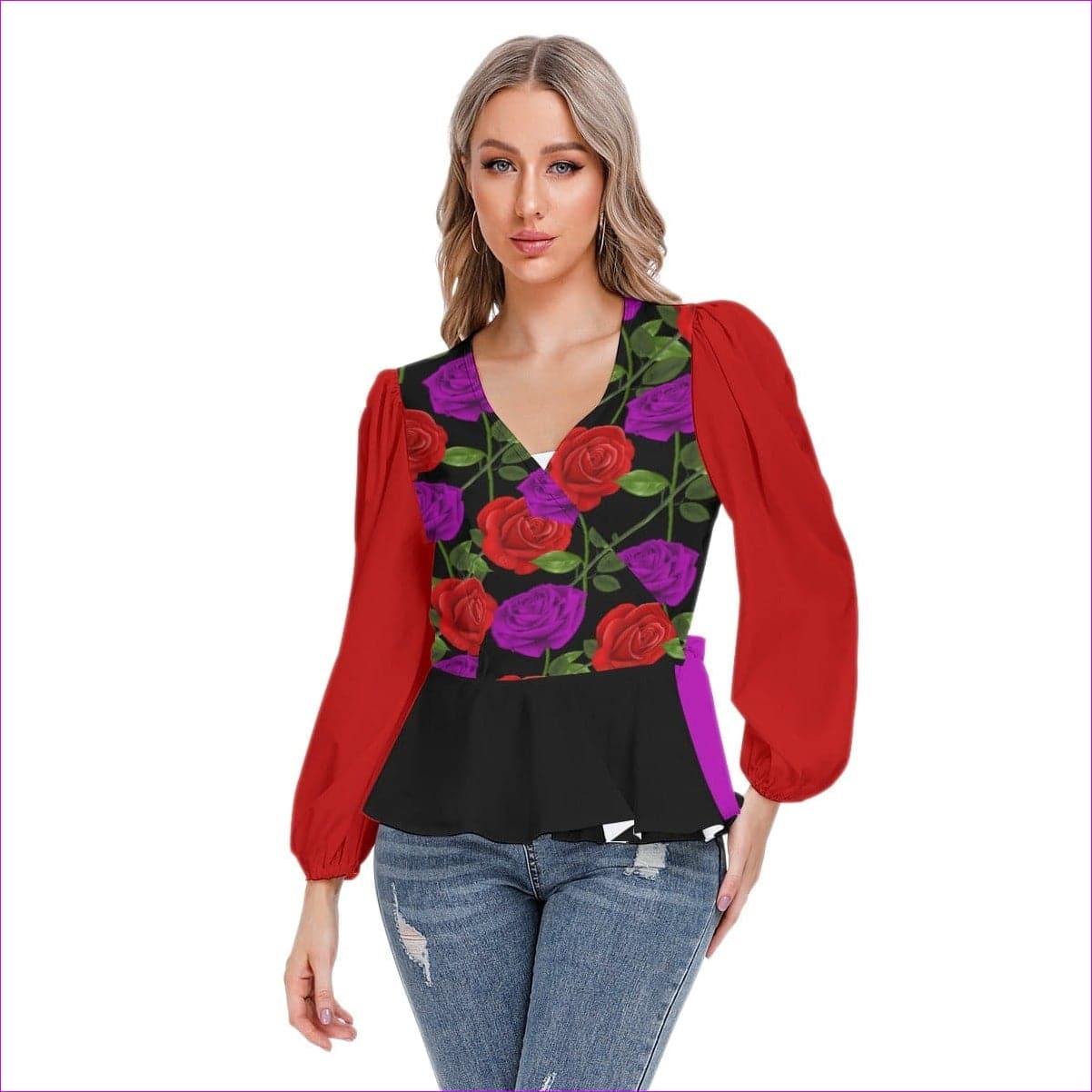 Black Red Rose Purp Women's Long Sleeve Shirt - women's blouse at TFC&H Co.