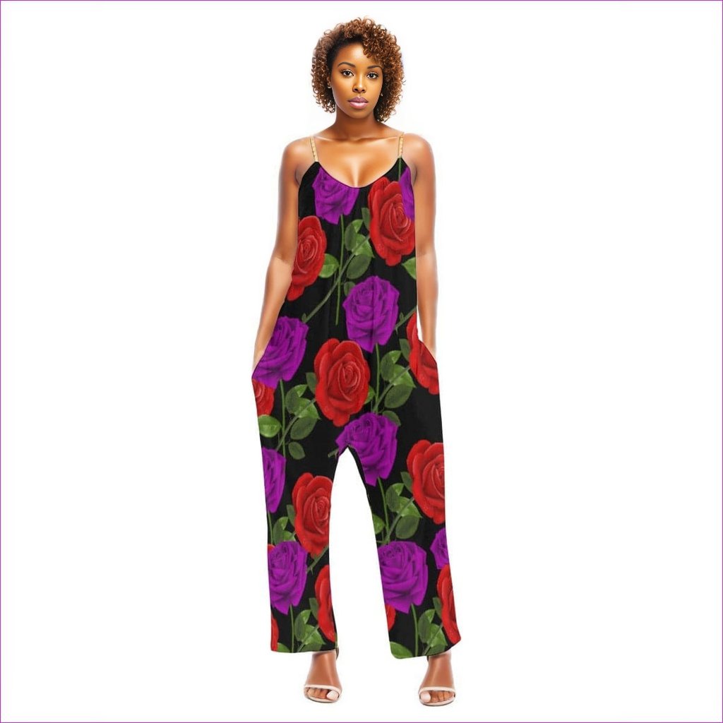 Black - Red Rose Purp Women's Loose Cami Jumpsuit - womens jumpsuit at TFC&H Co.
