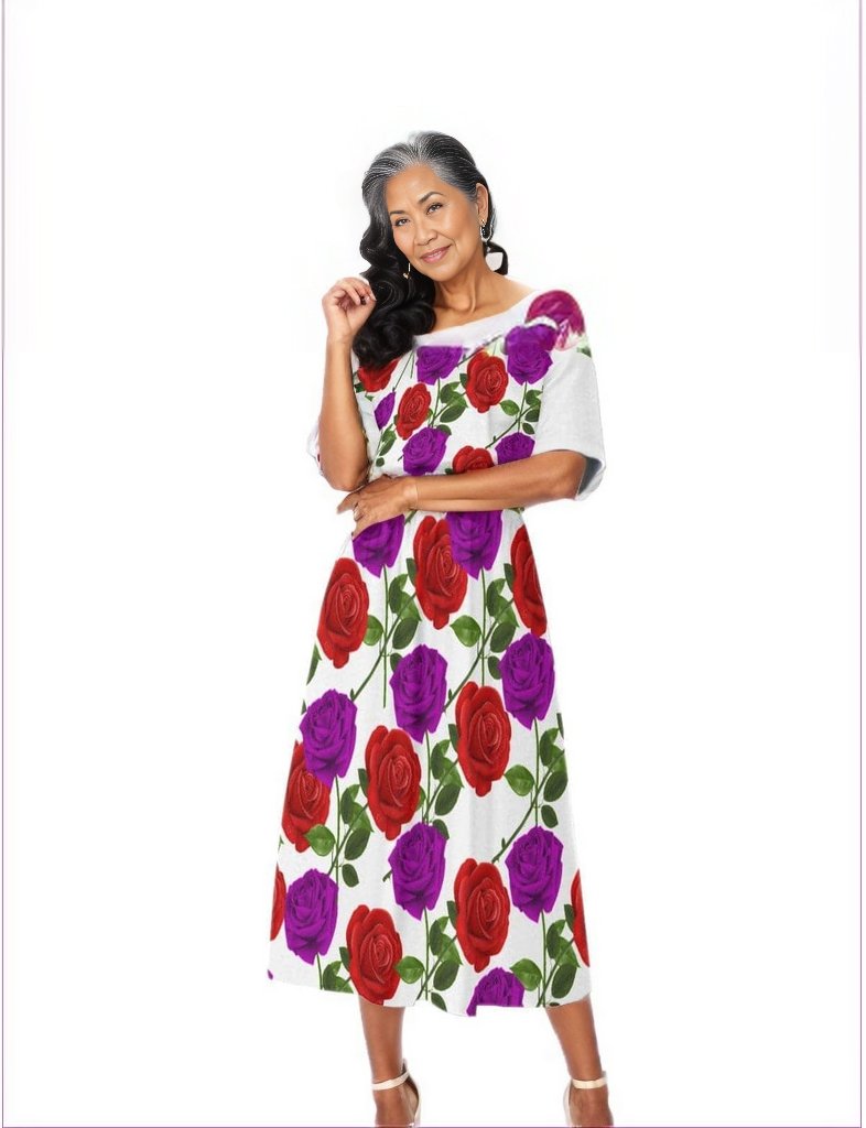 Red Rose Purp Women's White Elastic Waist Dress - women's dress at TFC&H Co.