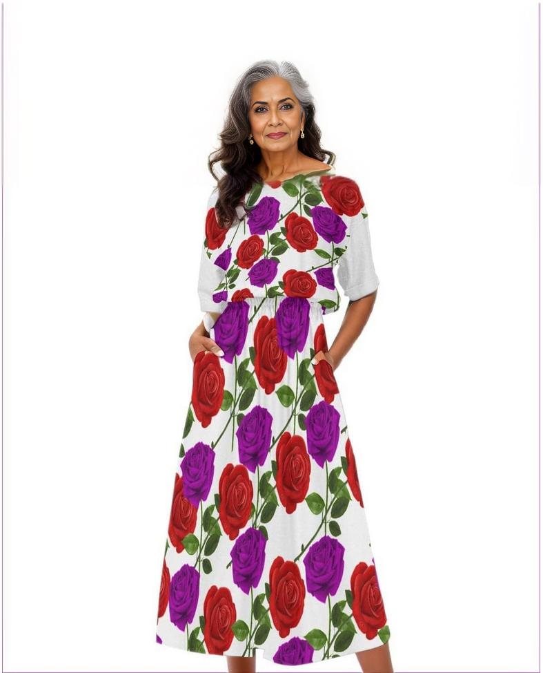 Red Rose Purp Women's White Elastic Waist Dress - women's dress at TFC&H Co.