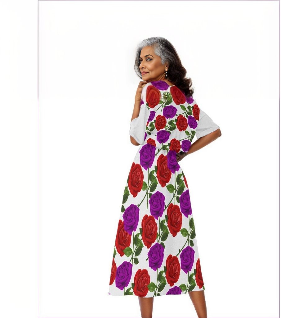 Red Rose Purp Women's White Elastic Waist Dress - women's dress at TFC&H Co.