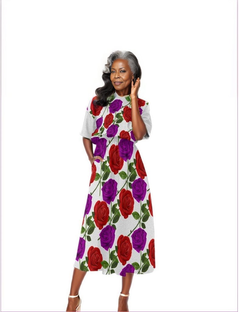 White Red Rose Purp Women's White Elastic Waist Dress - women's dress at TFC&H Co.
