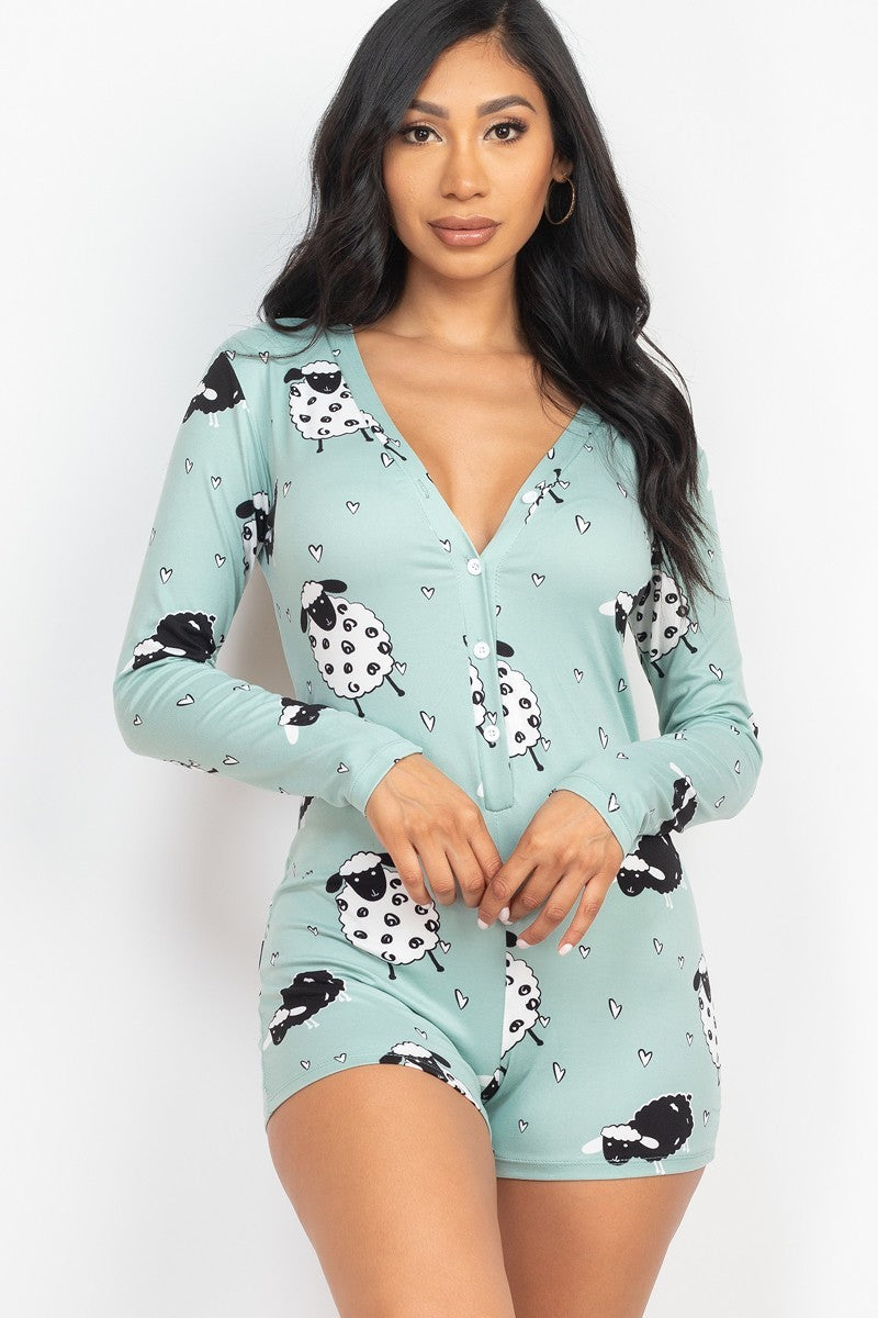 MOSS GREEN - Sheep Print V-neck Button Romper - 4 colors - Ships from The US - womens romper at TFC&H Co.