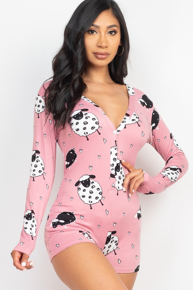- Sheep Print V-neck Button Romper - 4 colors - Ships from The US - womens romper at TFC&H Co.