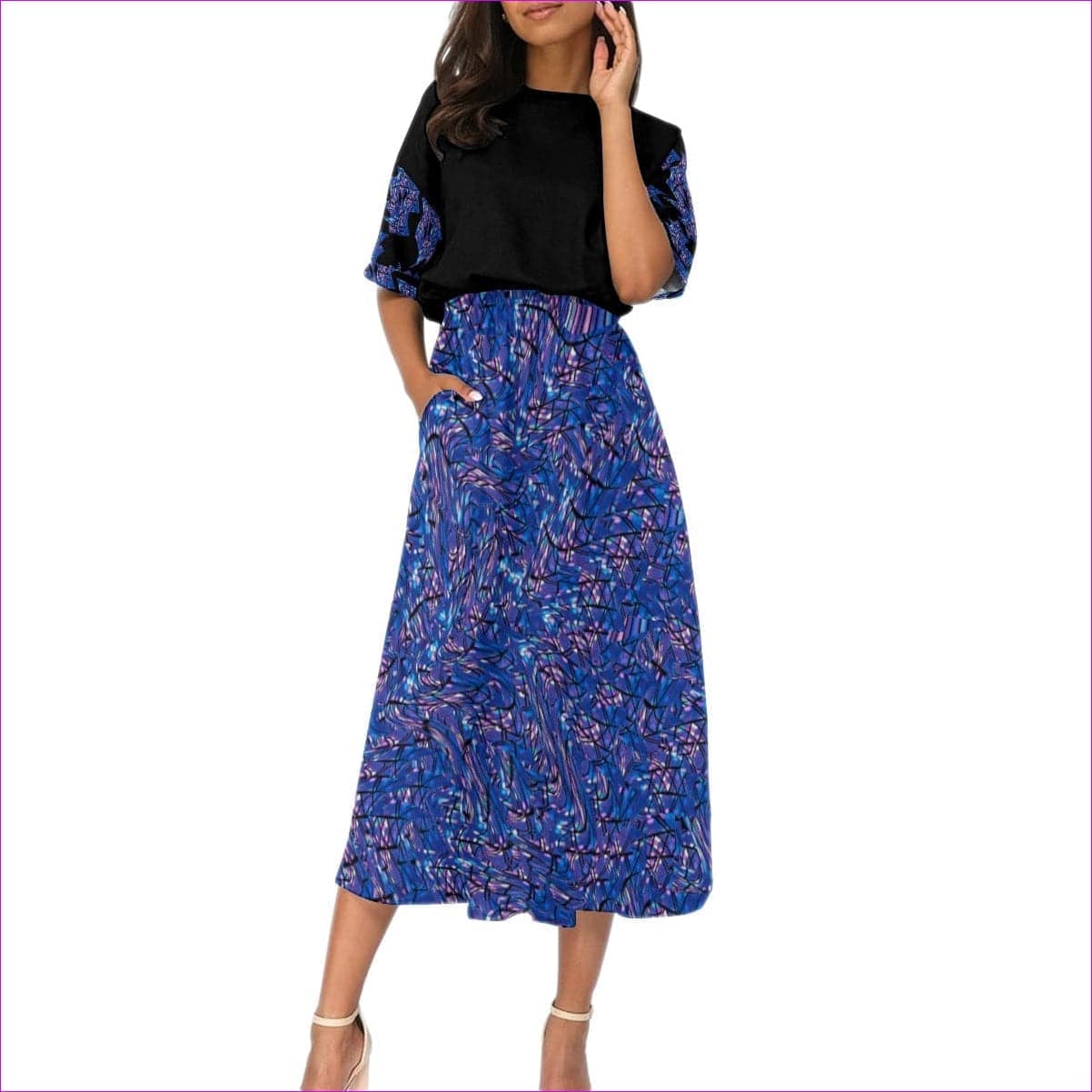 Blue Skewed Women's Elastic Waist Dress - women's dress at TFC&H Co.