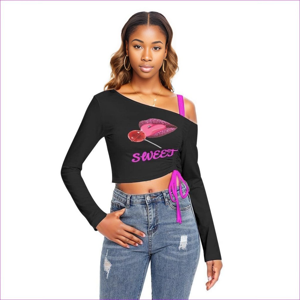black - Sweet Clothing Women's One-shoulder Top With Drawstring - womens cropped tee at TFC&H Co.