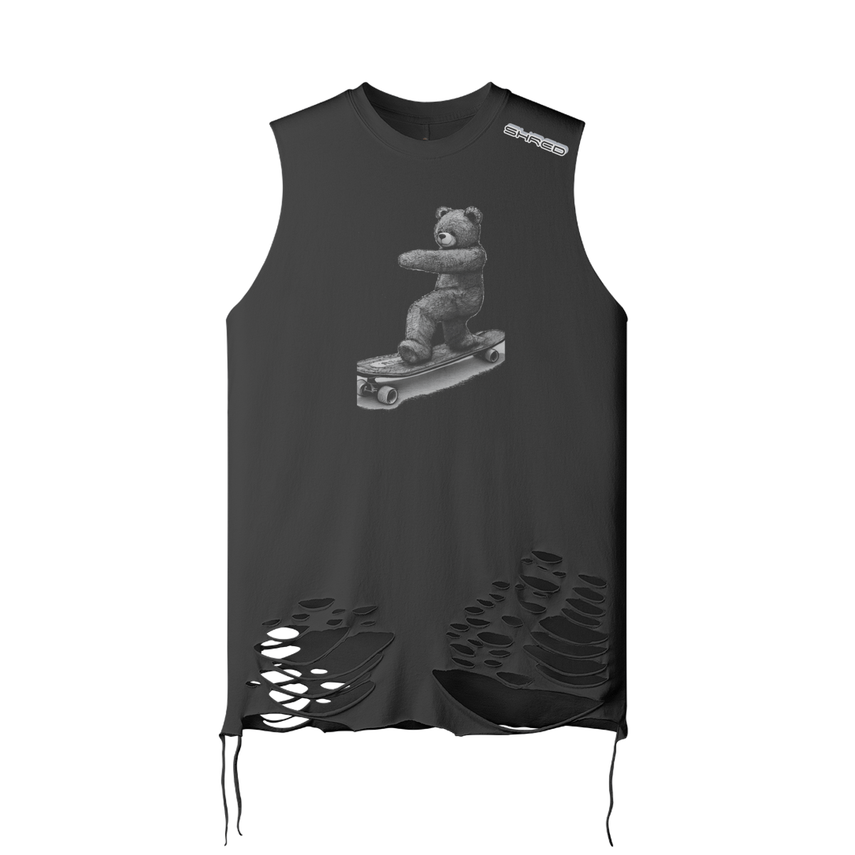Black - Teddy Ride Shred 180GSM Unisex Ripped Longline Tank Top - unisex tank top at TFC&H Co.