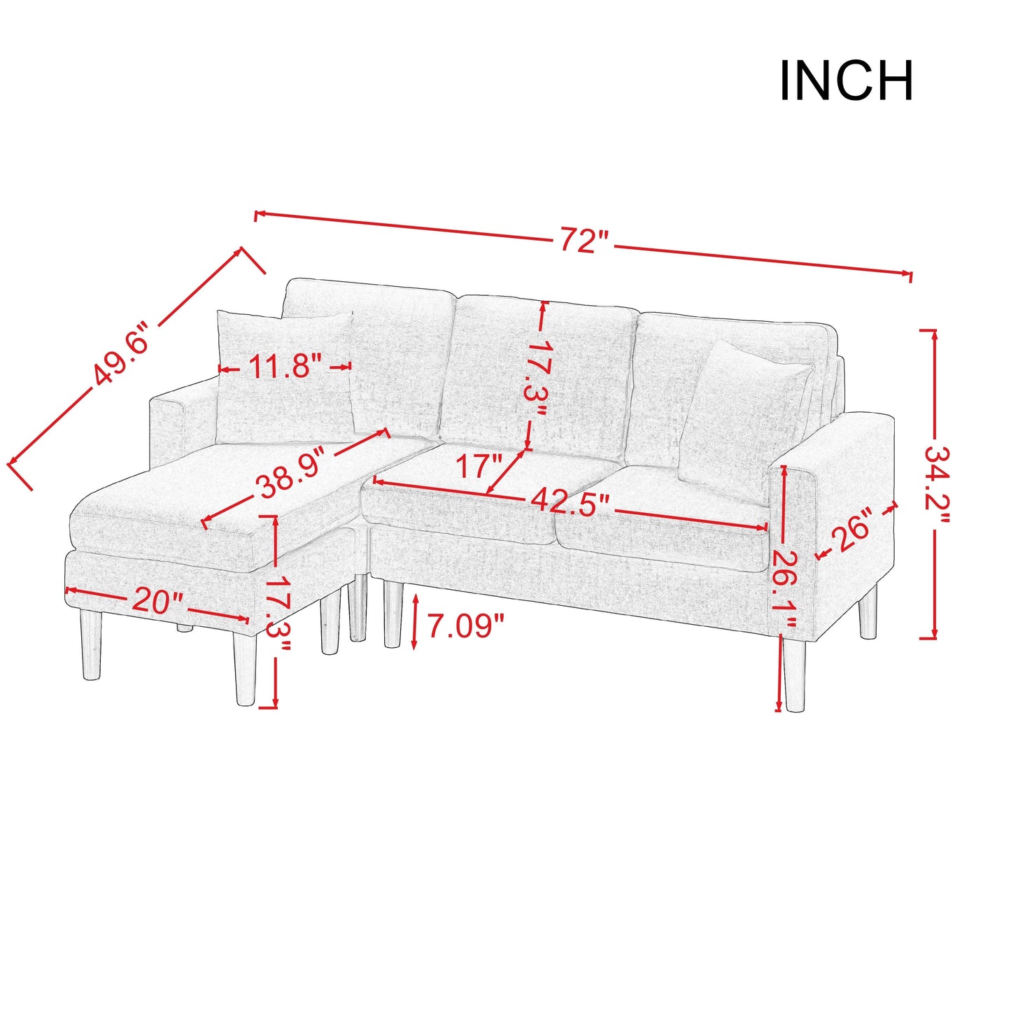 TFC&H Co. 72" SECTIONAL SOFA LEFT HAND FACING WITH 2 PILLOWS FABRIC- Ships from The US - sectional at TFC&H Co.
