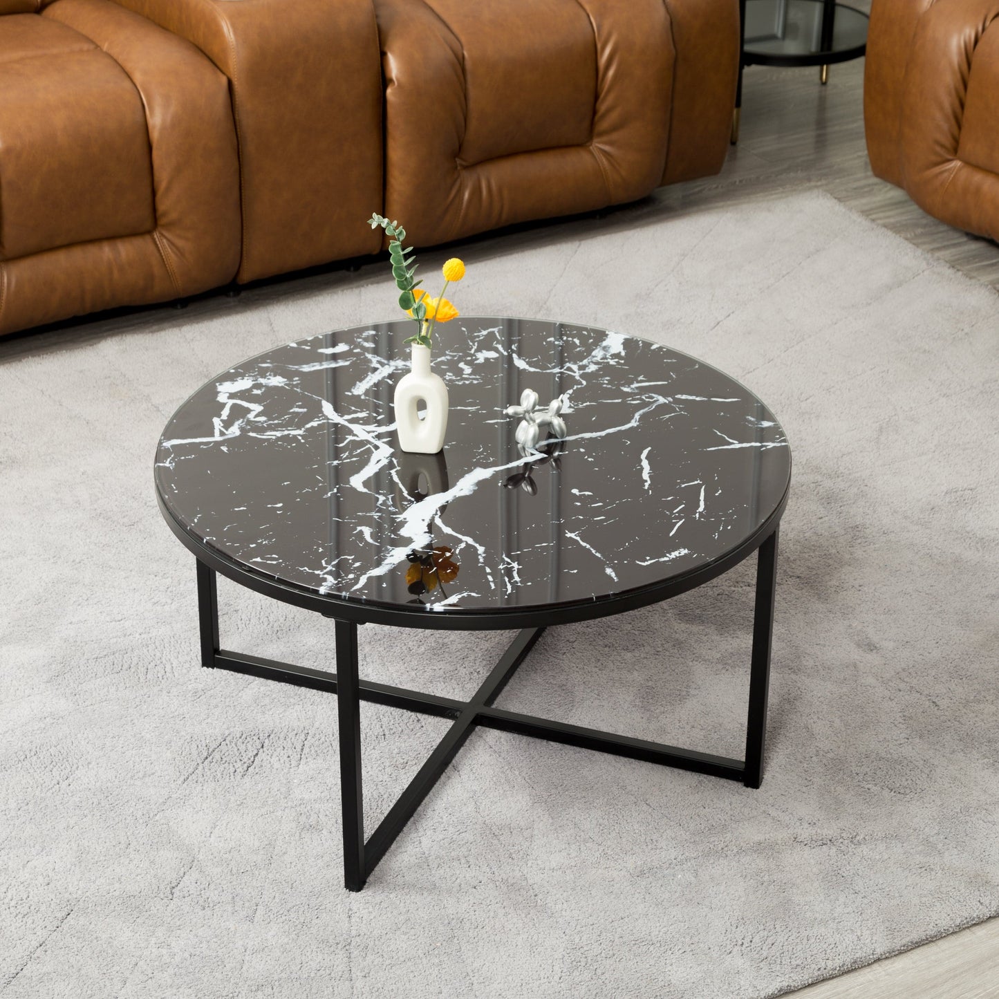 TFC&H Co. Black Marble Cross Legs Glass Coffee Table- Ships from The US - coffee table at TFC&H Co.