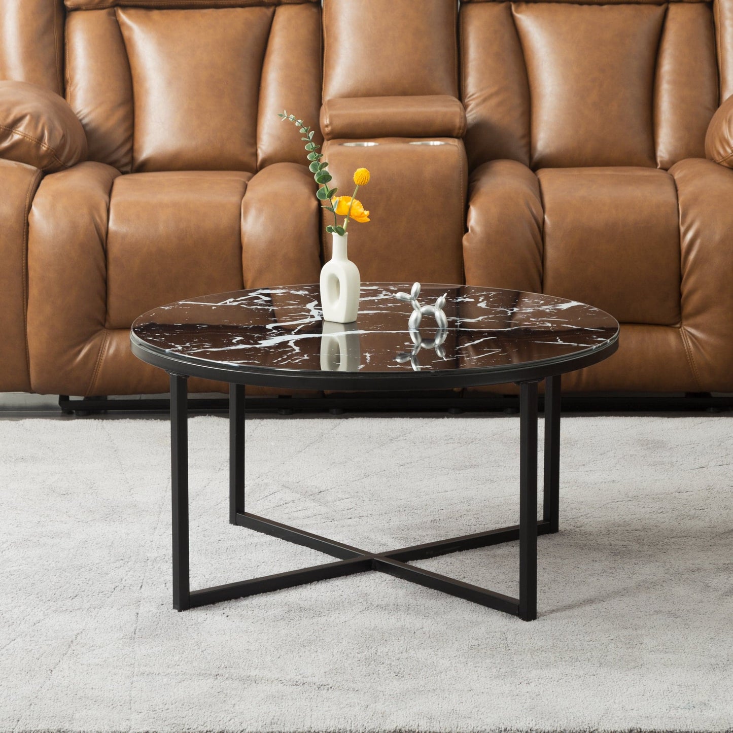TFC&H Co. Black Marble Cross Legs Glass Coffee Table- Ships from The US - coffee table at TFC&H Co.
