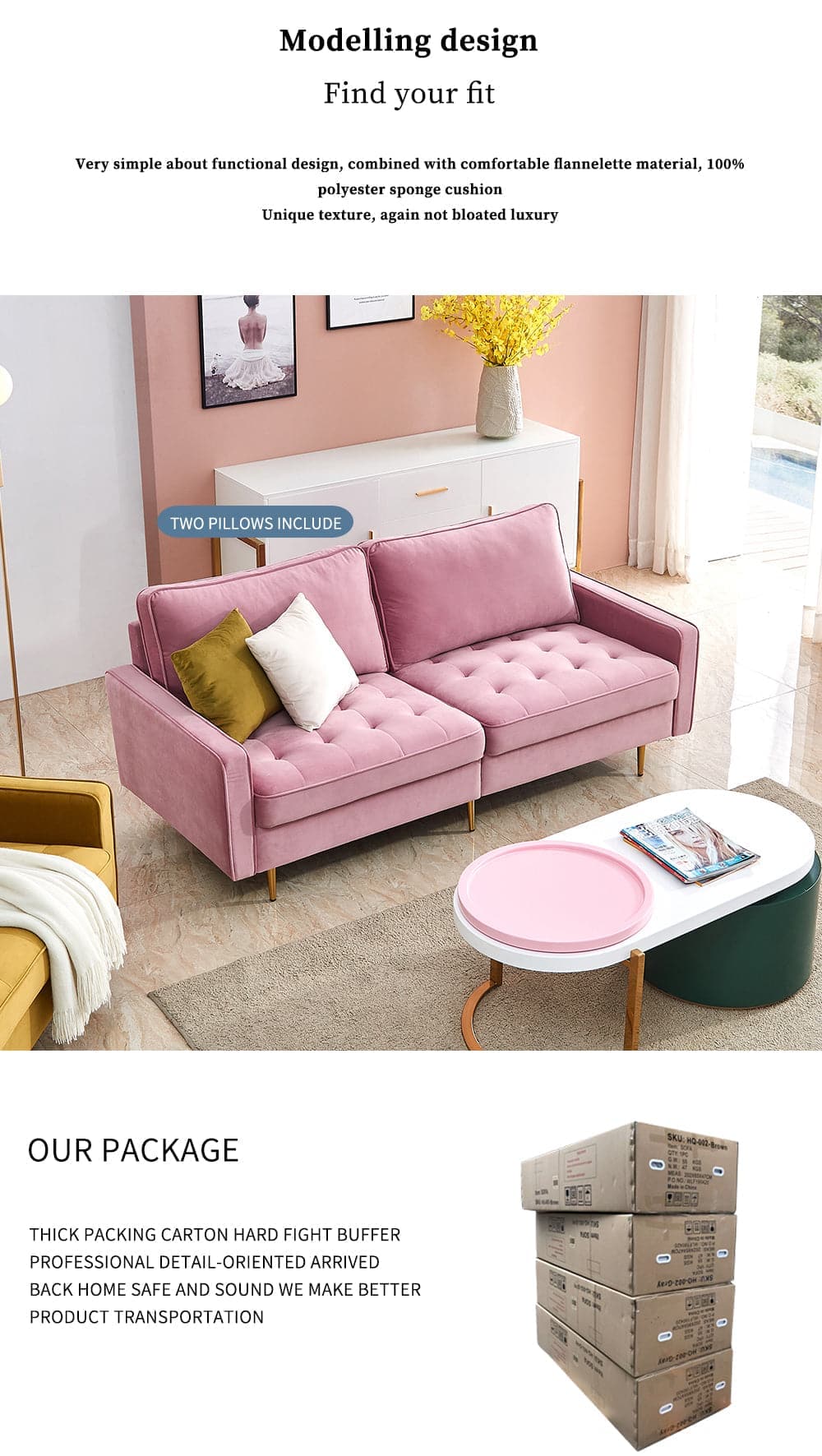 TFC&H Co. Modern Velvet Fabric Sofa 71" - Pink- Ships from The US - sofa at TFC&H Co.