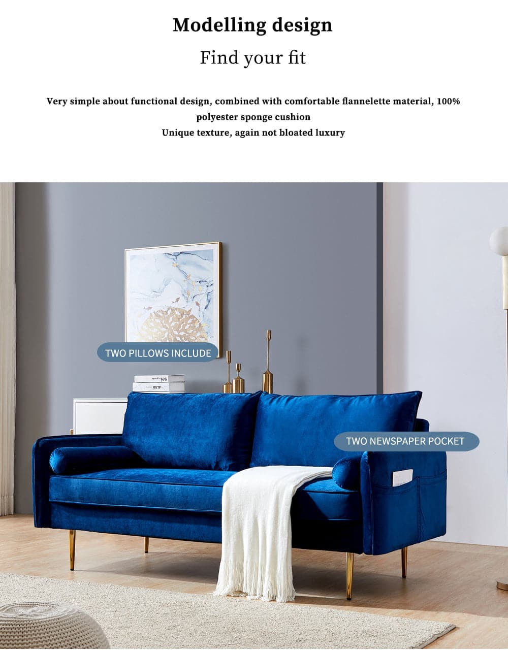 TFC&H Co. Velvet Fabric Sofa w/ Pocket - 71‘’Blue- Ships from The US - sofa at TFC&H Co.