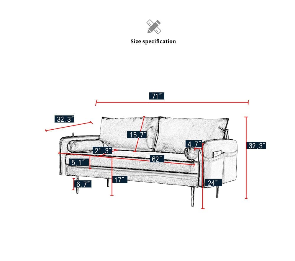 TFC&H Co. Velvet Fabric Sofa w/ Pocket - 71‘’Blue- Ships from The US - sofa at TFC&H Co.