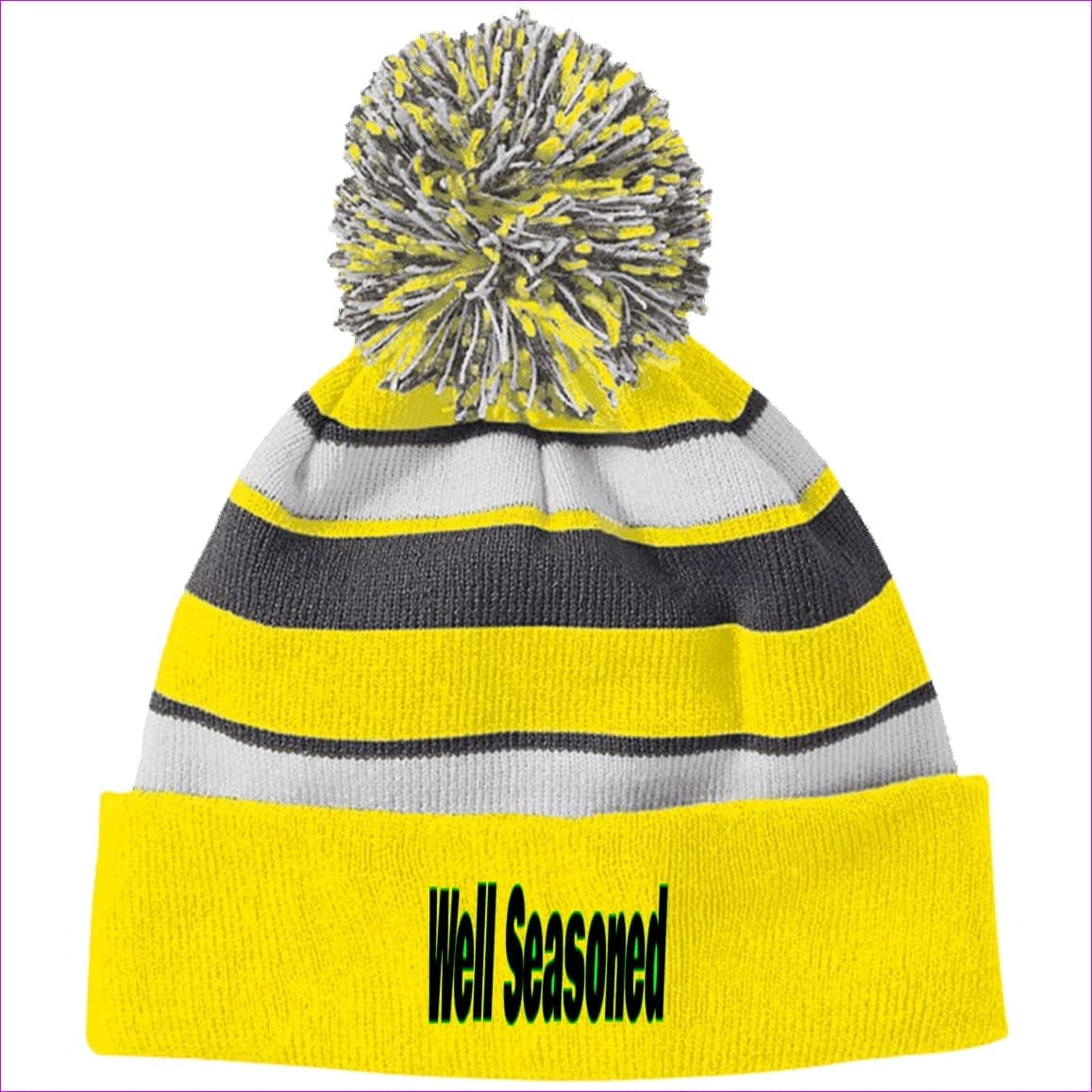 Bright Yellow/White One Size Well Seasoned Embroidered Holloway Striped Beanie with Pom - Hats at TFC&H Co.