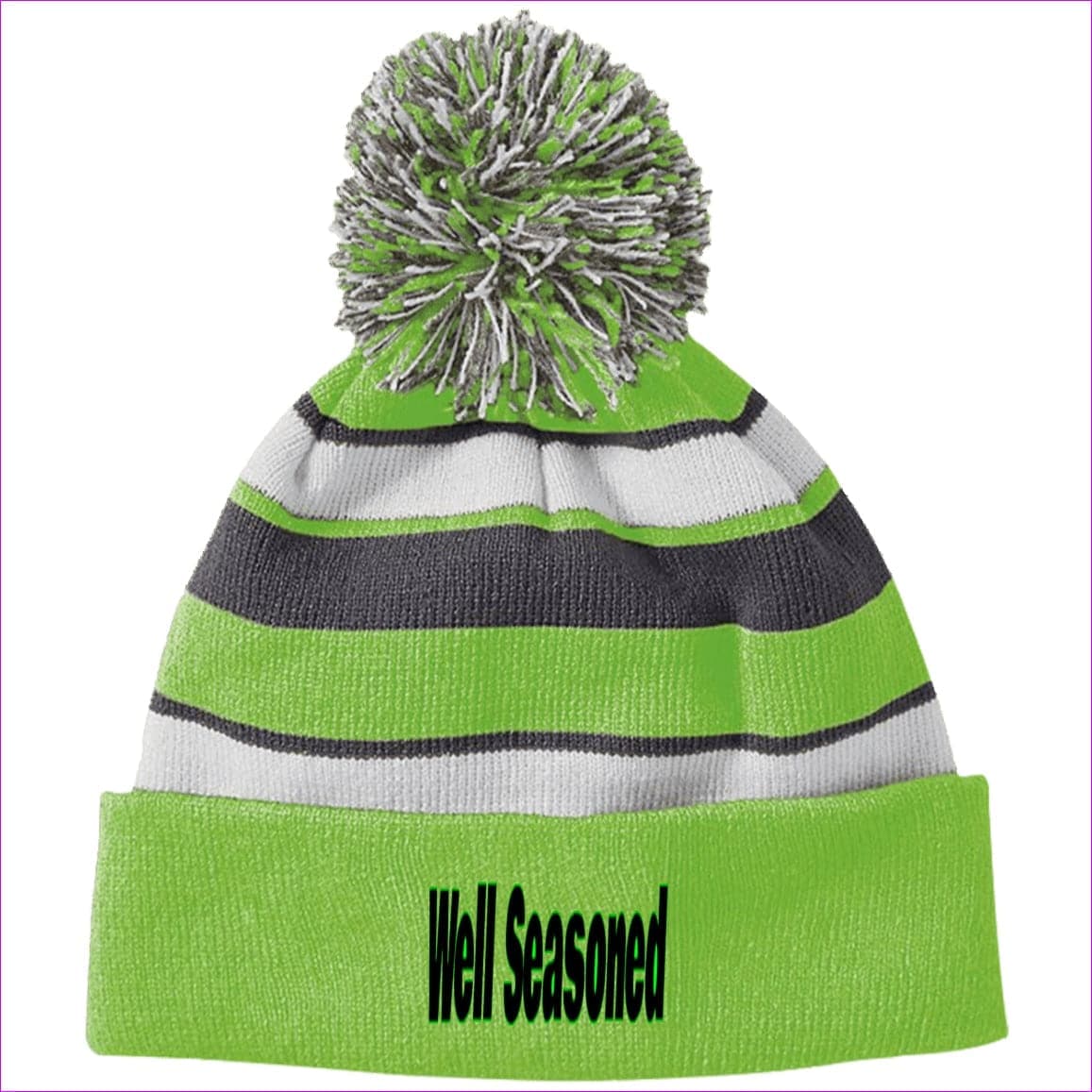 Lime/White One Size Well Seasoned Embroidered Holloway Striped Beanie with Pom - Hats at TFC&H Co.