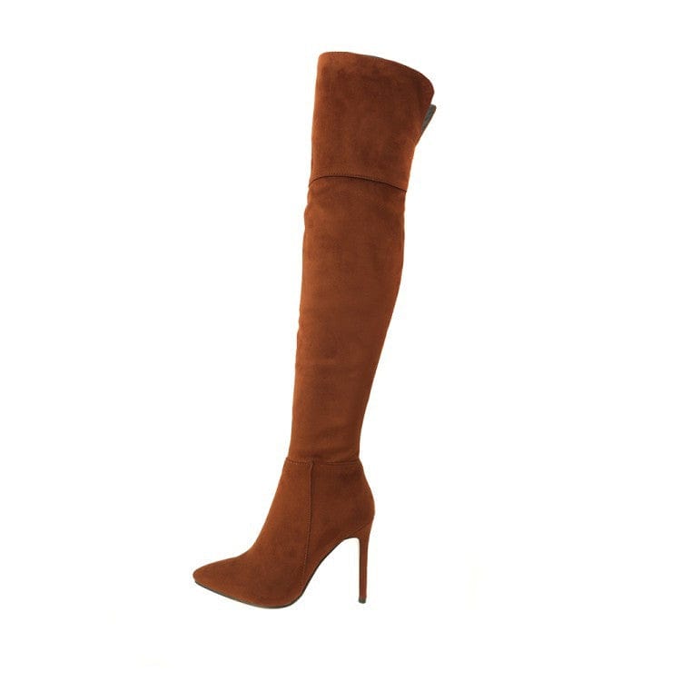 brown - Women's High Heel Knee Boots - womens boots at TFC&H Co.