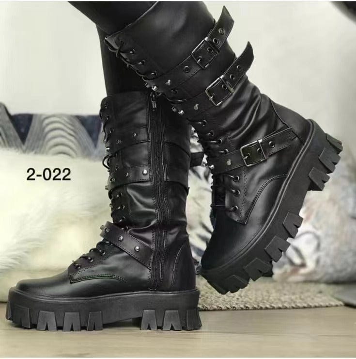 Black - Women's Lace Up Buckle Combat Boot - womens boots at TFC&H Co.