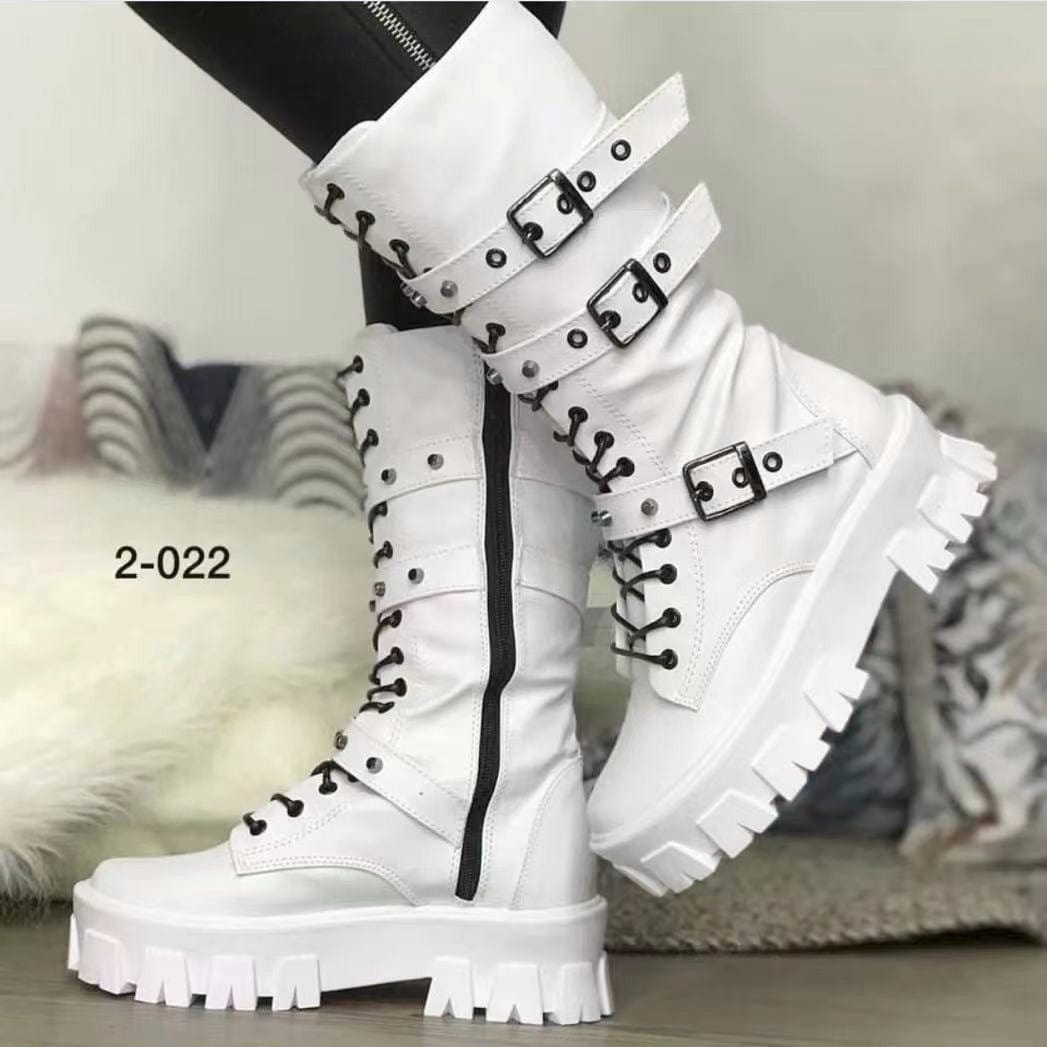 White - Women's Lace Up Buckle Combat Boot - womens boots at TFC&H Co.