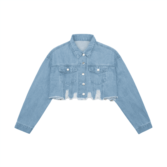 Yeah Whatever Women's Crop Raw Hem Denim Jacket - women's denim jacket at TFC&H Co.