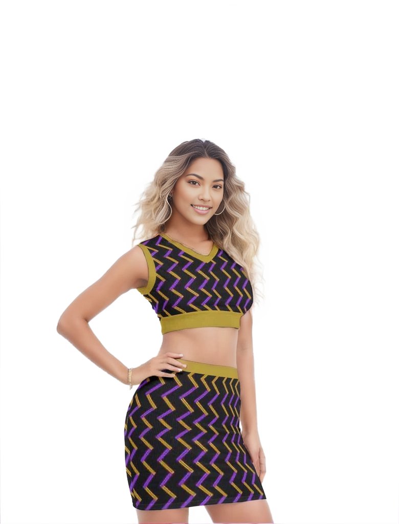 multi-colored Zag Women's V Collar Top & Skirt Set - women's top & skirt set at TFC&H Co.