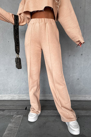 Khaki Long Sleeve Distressed Crop Top Wide Leg Pants Outfit Set - women's pants set at TFC&H Co.