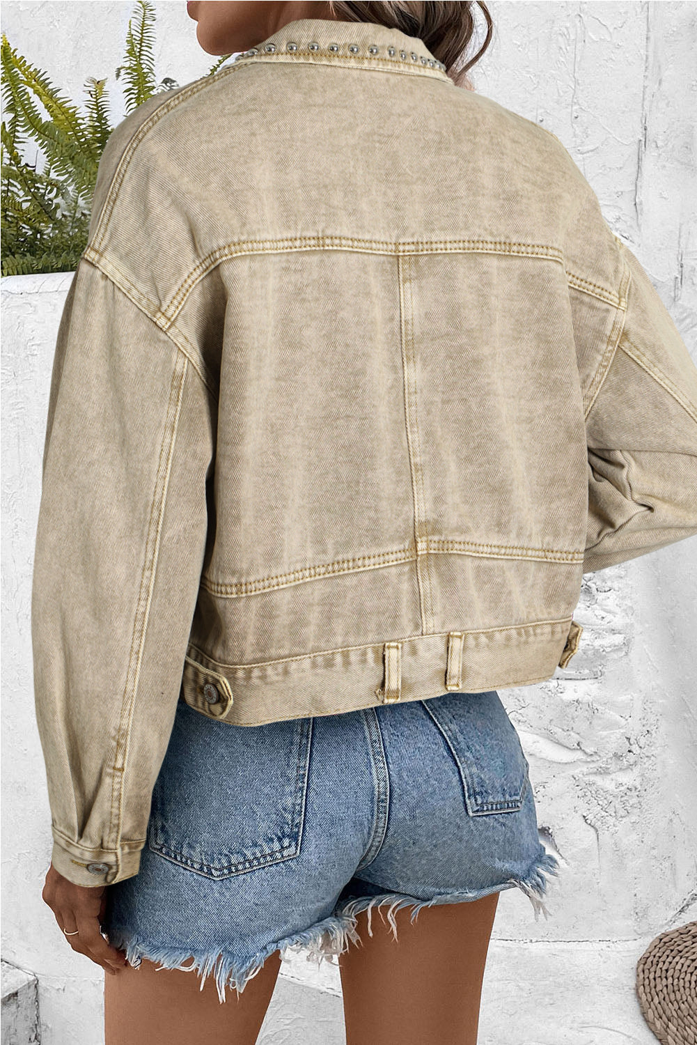 Rivet Studded Pocketed Women's Denim Jacket - women's denim jacket at TFC&H Co.