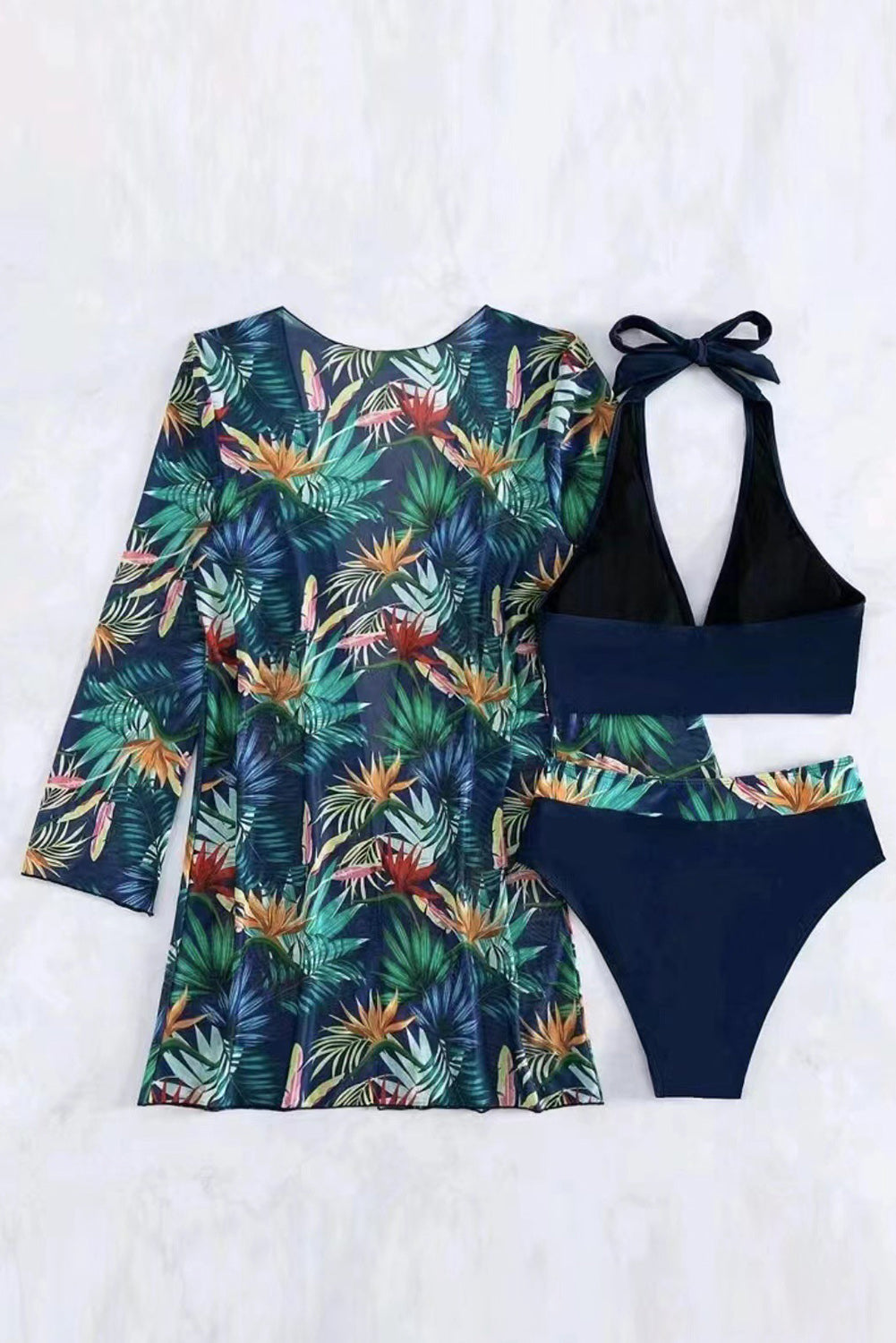 - Black 3pcs Tropical Contrast Trim Halter Bikini Set with Cover up - womens bikini set at TFC&H Co.