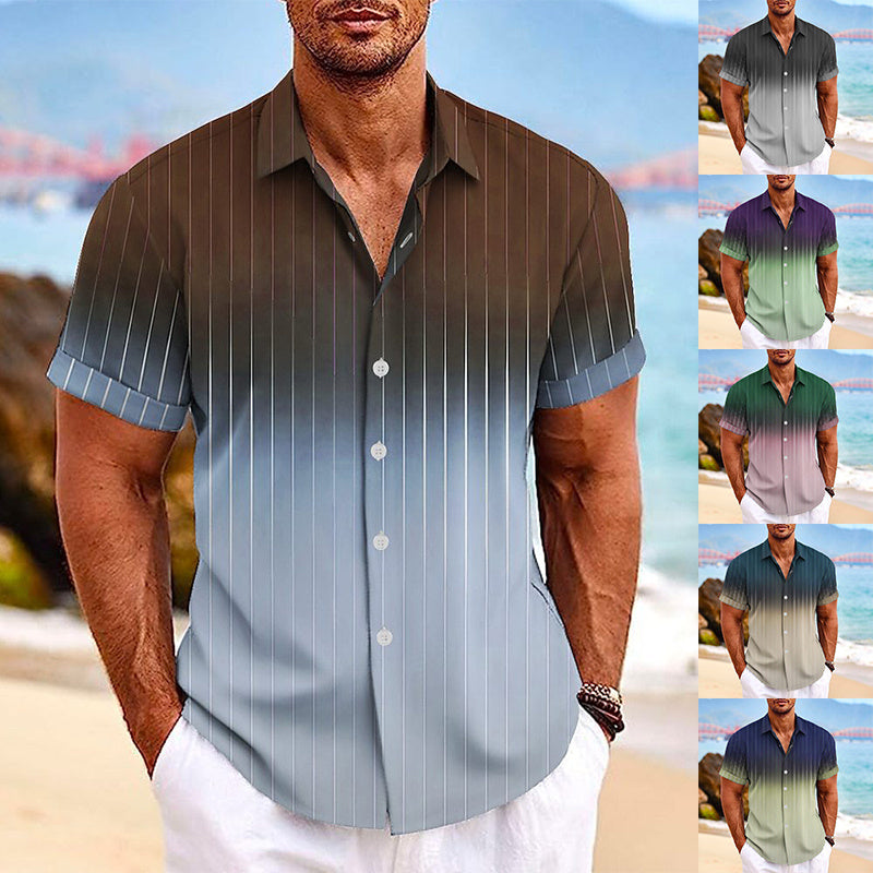 - Summer Gradient Striped Lapel Button Up Shirt for Men - Men's Clothing - mens button up shirt at TFC&H Co.
