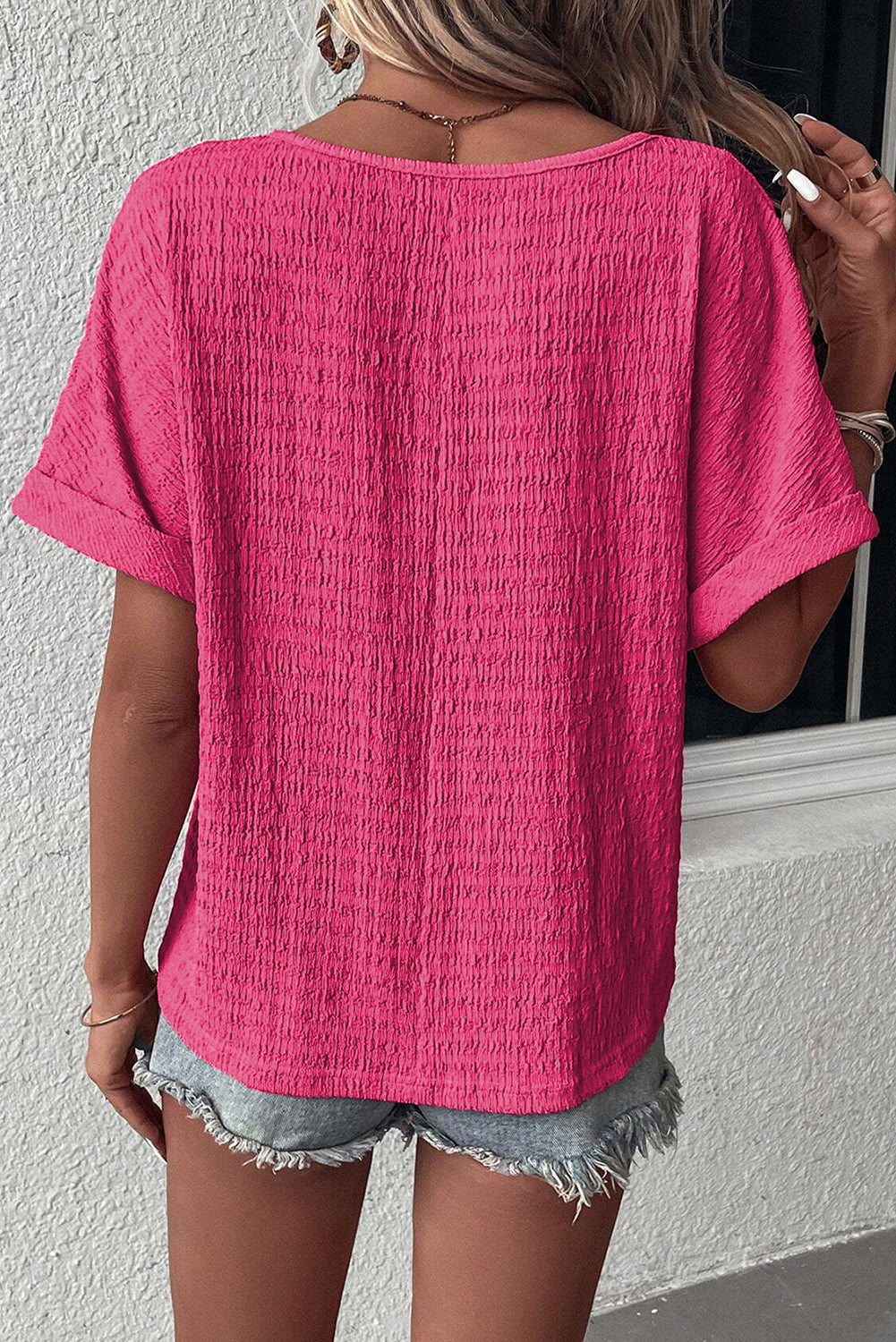 - Textured Rolled Short Sleeve V Neck Women's Blouse - womens blouse at TFC&H Co.