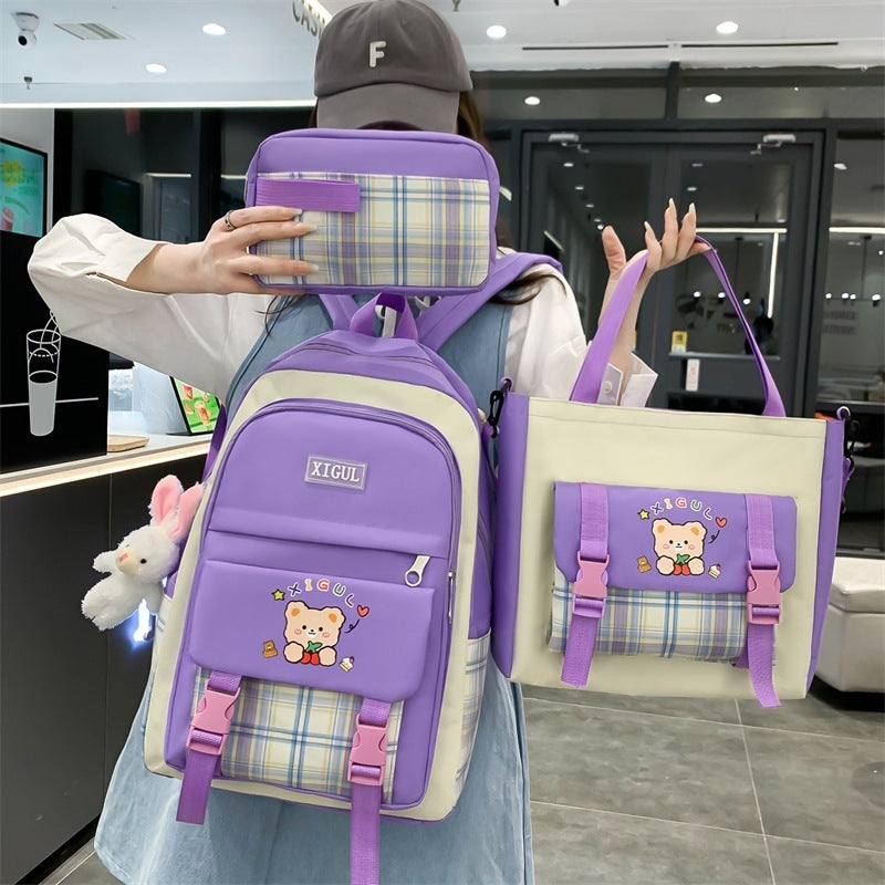 Purple - Large Capacity Plaid Three-piece Set School Backpack - bookbag at TFC&H Co.