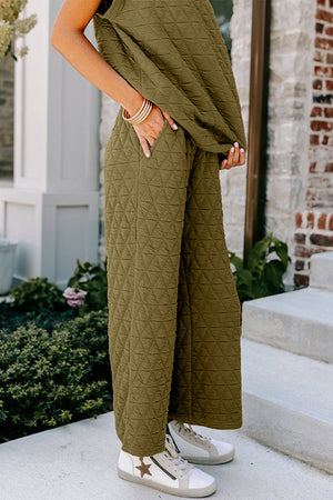 - Quilted Short Sleeve Wide Leg Pants Set - available in Real Teal, Sage Green, & Black - womens pant set at TFC&H Co.