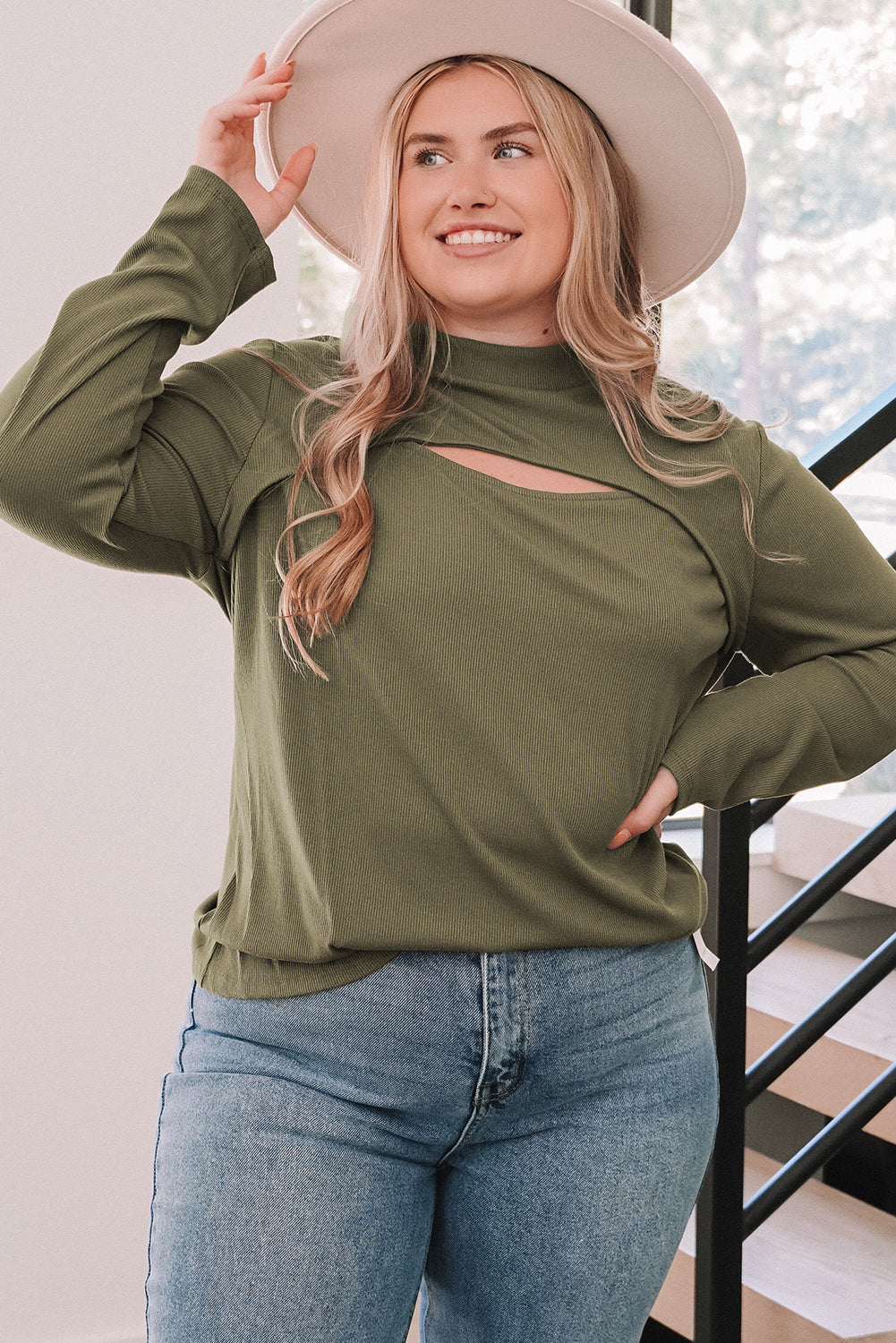 Green Plus Size Ribbed Mock Neck Peek-A-Boo Cut Out Top - women's shirt at TFC&H Co.