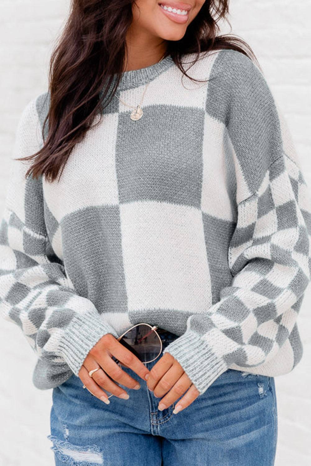Medium Grey - Checkered Knitted Drop Shoulder Sweater - various colors - Sweaters at TFC&H Co.