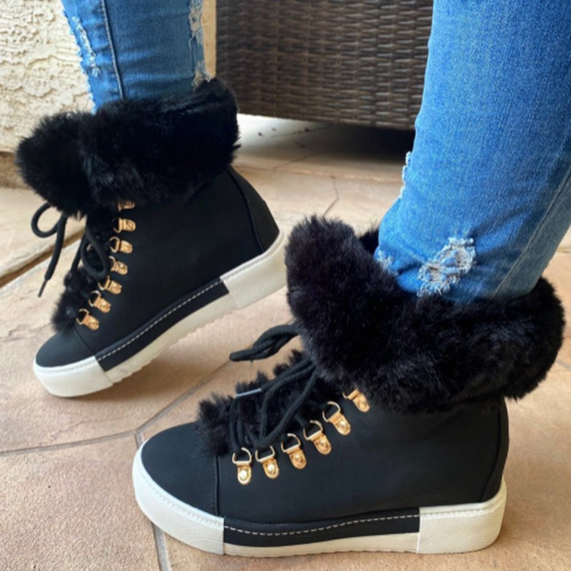 Black - Thick Sole Lace-up Furry Boots - womens boot at TFC&H Co.