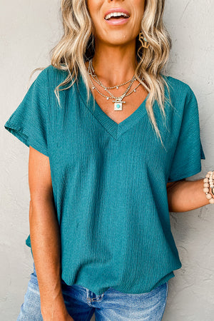 Blue Sapphire - Plain Crinkled V Neck Short Sleeve Blouse for Women - womens blouse at TFC&H Co.