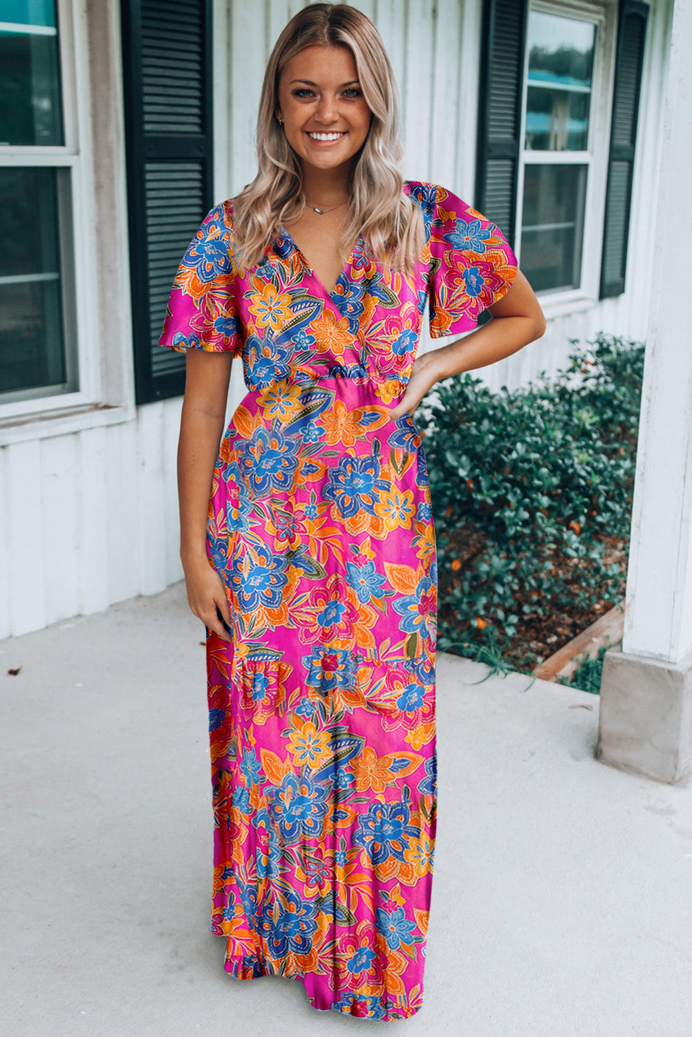 - Bohemian Abstract Print Wrap V Neck Color Block Maxi Dress - Maxi Dresses at TFC&H Co.