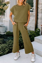 Sage Green 95%Polyester+5%Elastane Quilted Short Sleeve Wide Leg Pants Set - available in Real Teal, Sage Green, & Black - women's pant set at TFC&H Co.