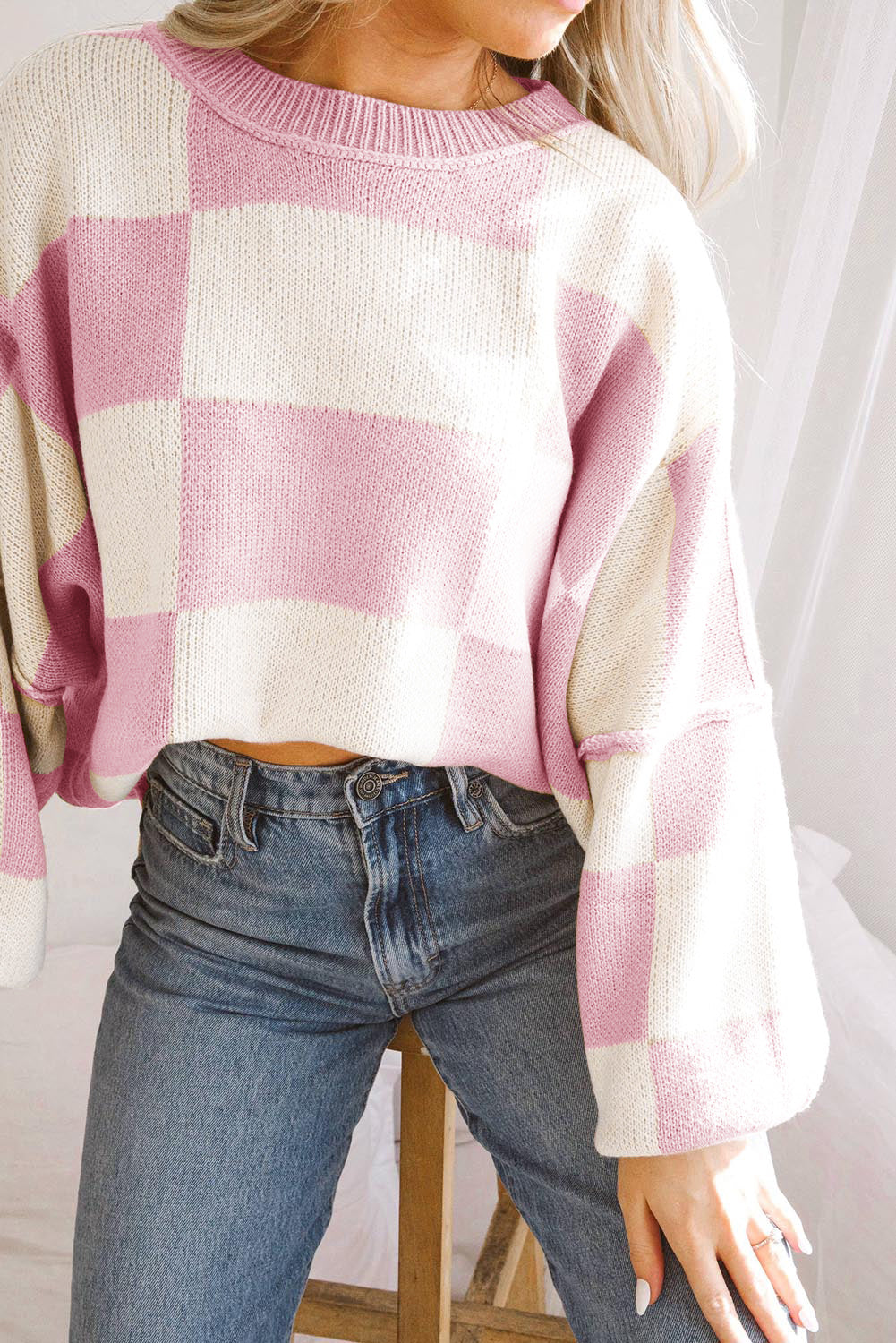 Pink Checkered Bishop Sleeve Women's Sweater - women's sweater at TFC&H Co.