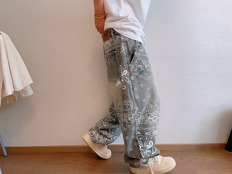 Worn Looking Washed-out Cashew Flower Paisley Loose Profile Jeans For Men or Teens