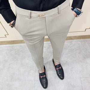 Khaki - Emblem Belted Men's Tight Suit Pants - mens suit pants at TFC&H Co.