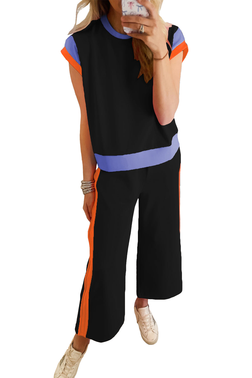 - Colorblock Cap Sleeve Tee and Wide Leg Pants Women's Outfit - womens outfit set at TFC&H Co.