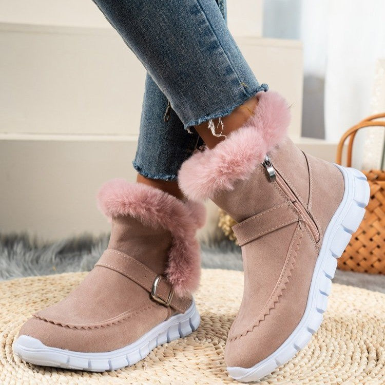 Pink Winter Warm Thickened Solid Color Plush Women's Ankle Boots With Buckle - 4 colors - women's boots at TFC&H Co.