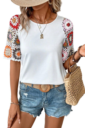 - Floral Hollowed Crochet Sleeve Boho Blouse - womens blouse at TFC&H Co.