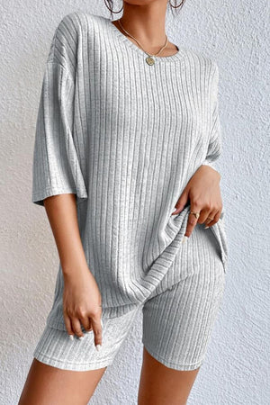 Gray short set 85%Polyester+10%Viscose+5%Elastane Ribbed Knit V Neck Slouchy Two-piece Outfit - pants or short set various colors - women's pants set at TFC&H Co.